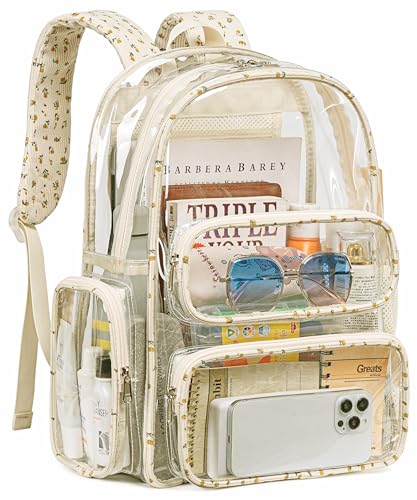 CAMTOP Clear Backpack Heavy Duty Transparent Bag See Through BookBag for Student School Work Festival Sport Travel (Beige Flower)