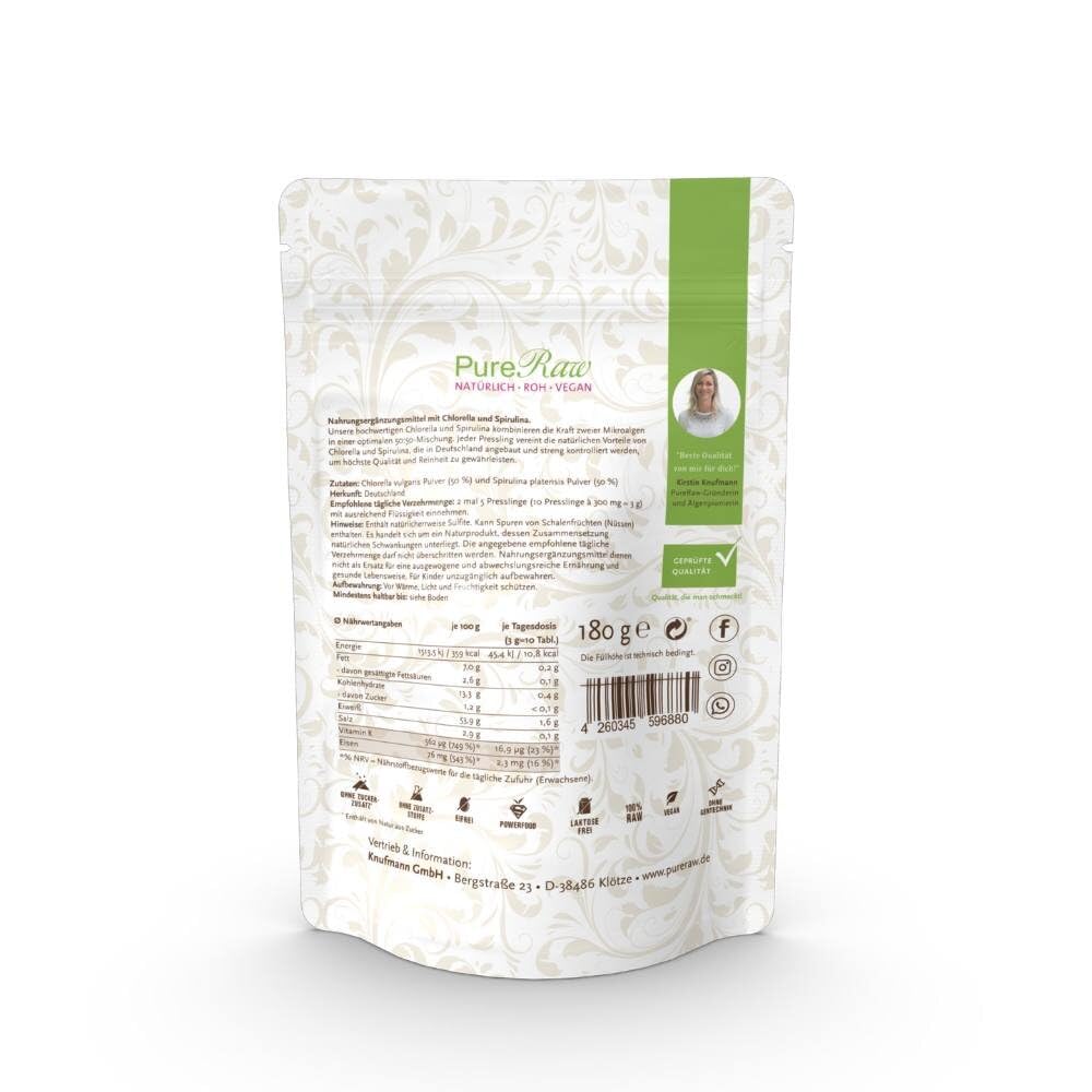 Chlorella & Spirulina Presslinge Mix – 50% Chlorella / 50% Spirulina – Rohkostqualität aus Deutschland – Ohne Zusatzstoffe – 2-Monatsvorrat (ca. 600 Presslinge) – Nahrungsergänzungsmittel