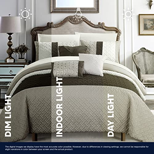 Chic Home Osnat 10 Piece Color Block Quilted Embroidered Design Bag Bedding – Sheets Decorative Pillows Shams Included Comforter Set, King, Grey #TOP6