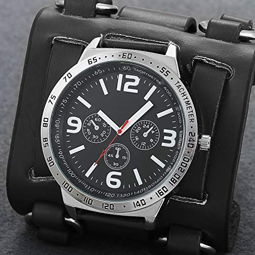 Lancardo LCD034P008 Mens Steampunk Retro Genuine Leather Replaceable Watch Military Japan Quartz Hip-Hop Gothic Wide Bracelet Cuff Big Black Dial Sport Wrist Watches thumb #4