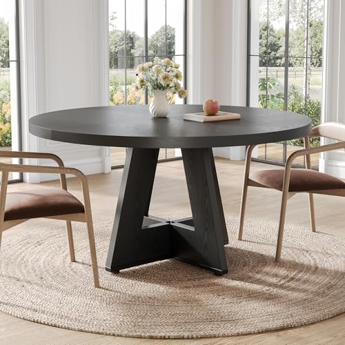 Image of LITTLE TREE Round Dining Table for 4-6 People, 47 Inches Dining Room Table with Wooden Pedestal Base, Black Dinner Tables, Circle Kitchen Tables for Dining Room, Kitchen, Living Room