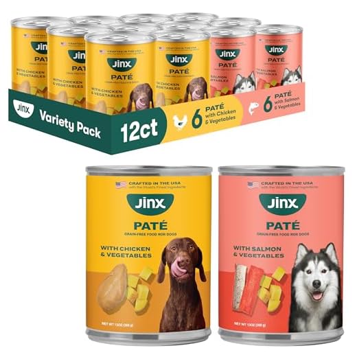 Jinx Premium Wet Dog Food Cans, Variety Pack - Salmon & Chicken Pate - Grain-Free Canned Dog Food Pate & Topper with Real Ingredients & No Fillers - All Life Stages, Breeds & Sizes - 12-Pack, 13 Oz