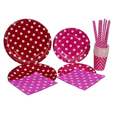 Kraftz® 50 Pc Set - 9" Paper Plates, 7.5" Paper Plates, Paper Straws, Paper Napkins, Paper Cups - Disposable Tableware with Polka Dots for Birthday Christmas Wedding Event Party Celebration (PINK)… Cover
