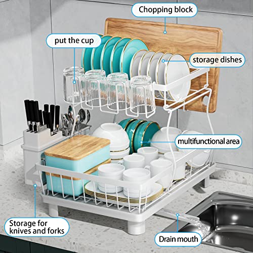 7 Code Large Dish Drying Rack,2-Tier Dish Racks For Kitchen Counter,Detachable Large Capacity Dish Drainer Organizer With Utensil Holder, Dish Drying Rack With Drain Board ,White #TOP5