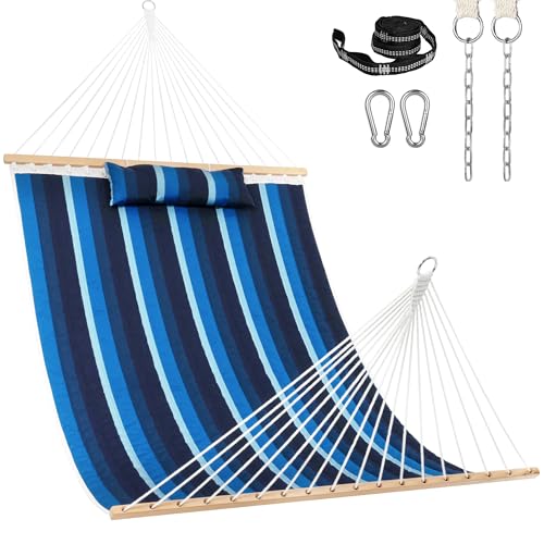 Image of Lazy Daze Hammocks 12 FT Sunbrella Fabric Quilted Hammock Double Sunbrella Quilted Hammock with Spreader Bars & Pillow, All Weather and Fade Resistant for Outdoor, 450 lbs Capacity, Gateway Indigo