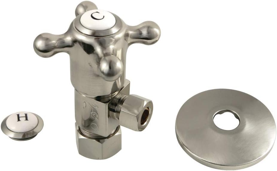 Kingston Brass CD53308BXK 5/8"O.D x 3/8" O.D Anti-Seize Deluxe Quarter Turn Ceramic Hardisc Cartridge Angle Stop with Flange, Brushed Nickel