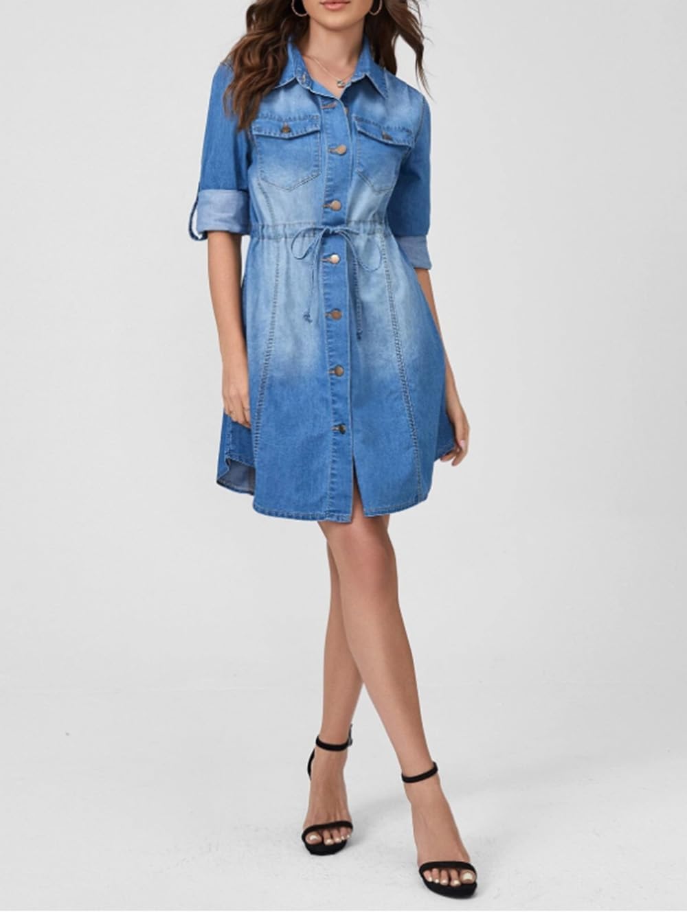 Denim Dress for Women Button Down Casual Long Sleeve A-Line Belted Midi Jean Dresses with Pockets - Image 6