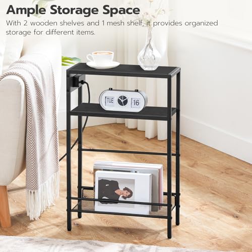 Image of HOOBRO Small Narrow Side Table with Charging Station Set of 2, Skinny End Table for Small Spaces, Slim Nightstand with USB Ports Outlet, Sofa Beside Table with Storage Shelf BB102UBZP201