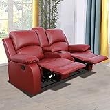 Ball & Cast Manual Recliner Loveseat Sectional Couch,Breathing Leather Living Room Reclining w/Storage Bucket & Metal Support,Home Theater 2 Seat Sofa Couches with Cup Holder,Red
