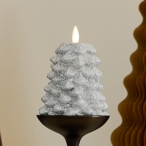 Image of Luminara Brilliant Silver Glitter Flameless LED Candle North Tree Moving Flame Pillar (3.3 inch x 4.3 inch)