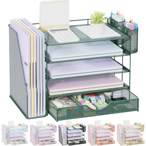 Image of gianotter 5-Tier Desk Organizer with Drawers and File Holders | Letter Trays and Pen Holders - Workspace Accessories for Office Supplies (Green)