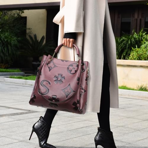 Image of Women's Top Handle Handbags Leather Tote Bag for Women Trendy Bucket Bag Floral Embossed Shoulder Satchel Purses