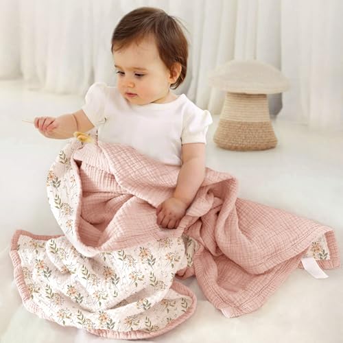 Image of lulumoon Muslin Baby Blanket for Girls: Soft Lightweight Toddler Blanket | Reversible Cotton Floral Crib Blanket for Daycare - 47x47in Breathable Baby Swaddle for Stroller, Travel & Registry Gift