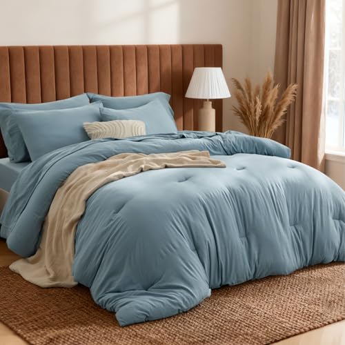 Image of Bedsure Dusty Blue Full Bed Comforter Sets, Soft Prewashed Bedding for All Seasons, 7 Pieces Alternative Bed Set, Breathable Bed in a Bag with Comforters, Sheets, Pillowcases & Shams