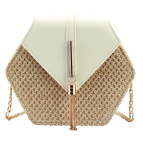 Bausweety Bolsa tiracolo feminina de palha fofa de ombro, Esbranquiçado (creme)