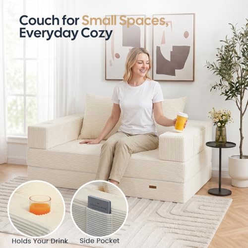 Image of COMAX Futon Sofa Bed, Convertible Sofa Bed, Folding Boneless Couches | Boneless Couch for living room, 4‑in‑1 Fold Out Small Foldable Loveseat Floor Sleeper Mattress Lounge Space‑Saving, Beige