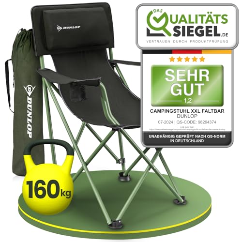 DUNLOP Campingstuhl faltbar XXL - Luxus Camping Stuhl leicht mit weich gepolsterter Kopflehne I massiver Stahlrohr Klappstuhl 160kg belastbar I 2 Bequeme Armlehnen mit 2X Getränkehalter I Angelstuhl
