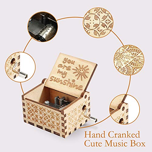 Hexagram You are My Sunshine Music Box Vintage Laser Engraved Wooden Musical Boxes Gifts for Birthday/Valentines Day/Thanksgiving Day/Christmas Cute Hand Cranked Small Sunshine Music Box Home Decor