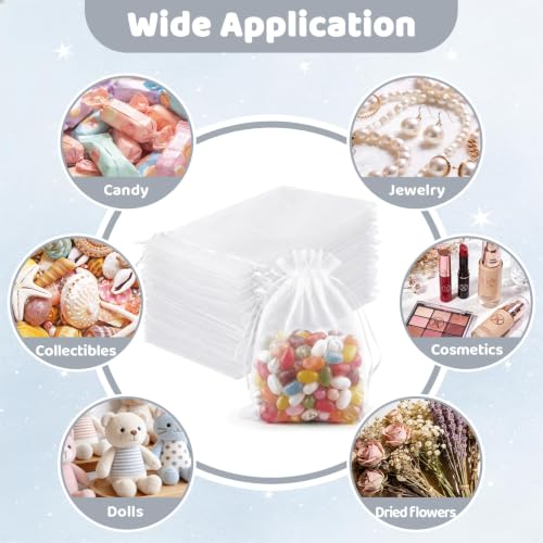 Image of FUNFERY 100PCS White Organza Gift Bags 4x6in,Drawstring Pouch for Jewelry