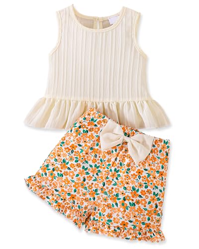 Image of AuralBabe Toddler Baby Girl Clothes Summer Outfits Infant Sleeveless Ruffled Vest Top Shirts Cute Bow Short Sets 2Pcs