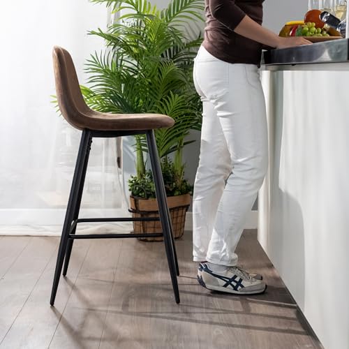39F FURNITURE DREAM Set of 2 Industrial Style Bar Stools Suede Fabric Seat and Black Metal Legs Seat Height 66cm, Brown, 50x47.5x91.5cm