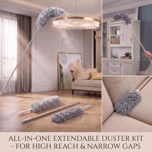 Image of Dishmatic 3 in 1 Long Handle Microfiber Feather Ceiling Duster with Extendable Pole 30-100 Inch with Anti Scratch Bendable Head for Cleaning High Cobweb Stick High Ceiling Fan