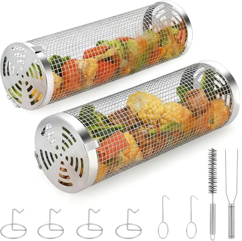 2 Stücke Edelstahl 304 Große Runde Grillkörbe mit Halterung und Reinigungsbürste Rollender Grillkorb für Gemüse Fisch Gemüse Geschenke für Männer/Papa