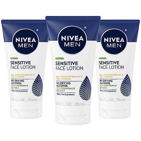 NIVEA MEN Sensitive Face Lotion with SPF 15, Broad Spectrum Sunscreen, 3 Pack of 2.5 Fl Oz Tubes Cover