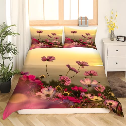 Housse de couette fleurs et parure de lit 90x190 microfbre douce ensemble literie 3 pièces zippé - 3