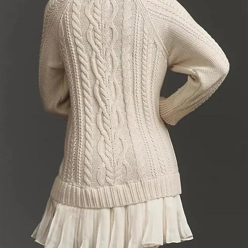 Women Crewneck Cable Knit Sweater Mini Dress, Sweater Dress with Pleated Skirt, Casual Twofer Style Patchwork Dress4