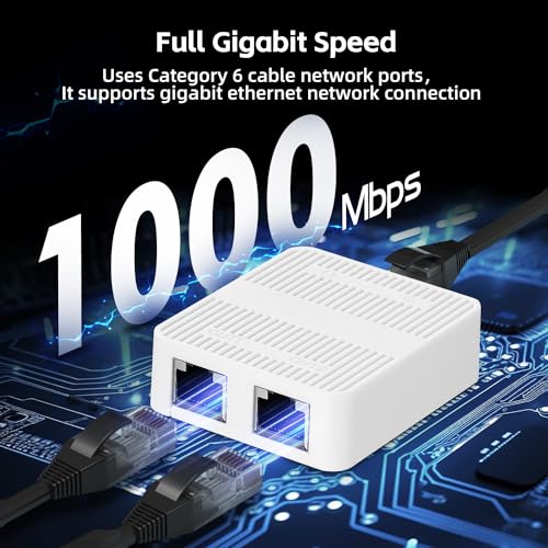 Image of Binardat 1 to 2 Gigabit Network Splitter, 3 Port Gigabit Ethernet Switch, Type-C Power Supply, Mini Size Plug and Play (White)