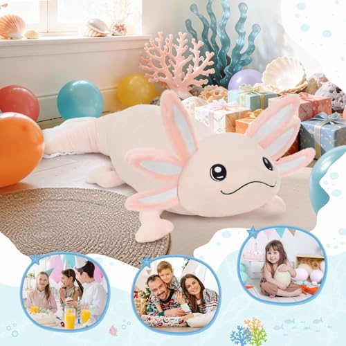 Image of MaoGoLan Giant Glow in the Dark Axolotl Plush Pillow - 48'' Pink Axolotl Stuffed Animal, Hugging Salamander Plush Toy for Kids Girl Boy, Large Salamander Body Pillow Birthday Gift Baby Shower Decor