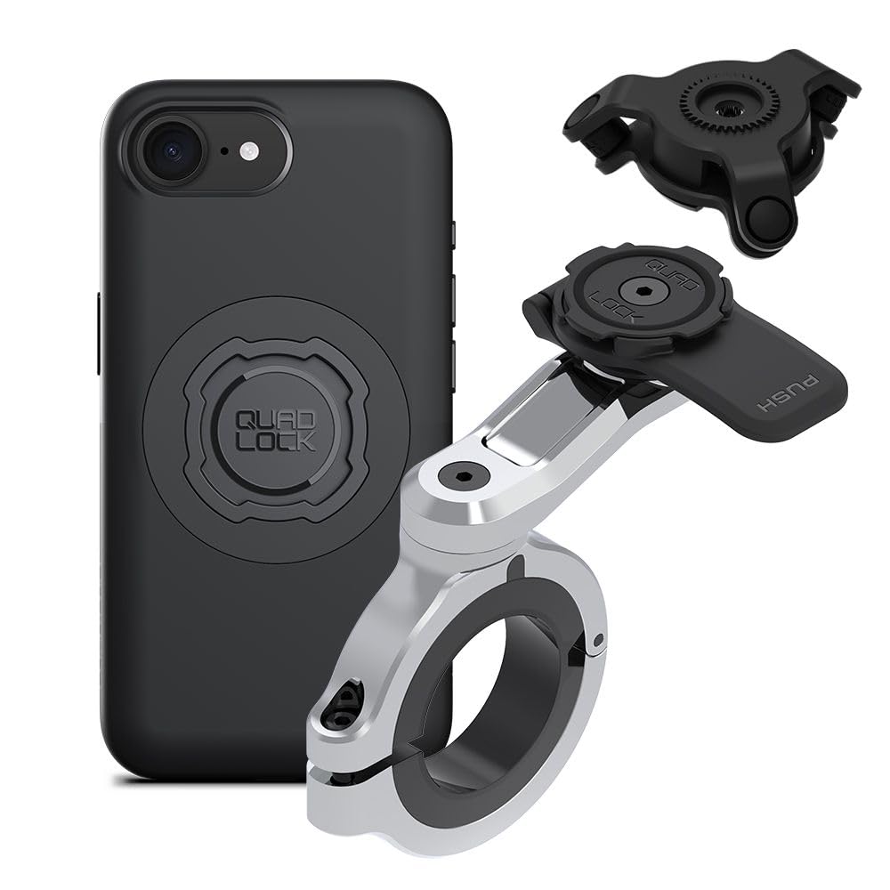 Quad Lock Motorcycle Handlebar Phone Mount PRO Chrome - Large with Vibration Dampener and MAG Phone Case for iPhone 17e/16e