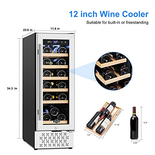 Image of Tylza 12 inch Wine Cooler Refrigerator, 18 Bottles Wine Fridge Built-in or Freestanding with Stainless Steel & Double-Layer Tempered Glass Door, Compressor Fast Cooling, Low Noise and No Fog, Mini Fridge