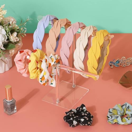 Helilyco Soporte acrílico para diadema y organizador con soporte transparente de 2 o 3 niveles para accesorios para el cabello, joyas y relojes