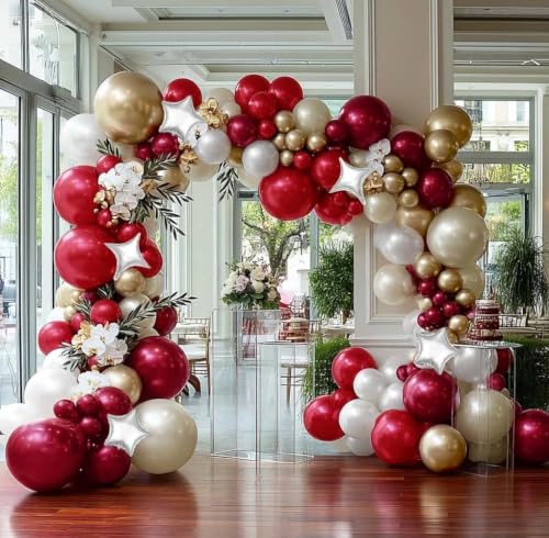 Image of Rose Red White Balloon Arch Double Stuffed Burgundy Gold Pearl Balloon Kit | Fuchsia sand white gold sliver star foil balloon garland for Birthday Wedding Bridal Shower Christmas Valentines party decor