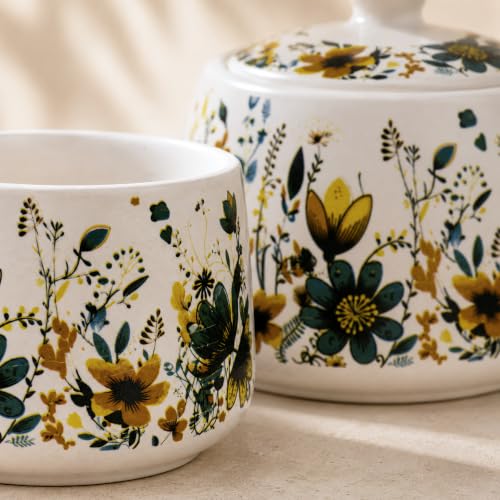 Image of The Earth Store Premium Handcrafted Daisy Bloom Ceramic Tea Cup Set with Kettle Microwave and Dishwasher Safe 6 Tea Cups & 1 Kettle | Tea Pot Set | Morning Set