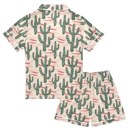 Cartoon Simple Cactus Summer Satin Pajama Set, Cute Button-Down Sleepwear Pj Set for Sleep Wears2