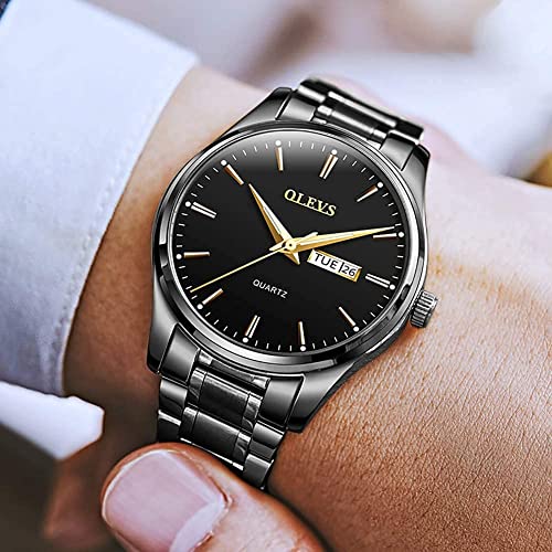 Black Watches For Men Olevs Watch Men Luxury Dress Watch Clearance Day Date Calendar Men's Wrist Watches Black Face Stainless Steel Waterproof Watches Quartz Analog Casual Mens Watch,Reloj Para Hombre #TOP1