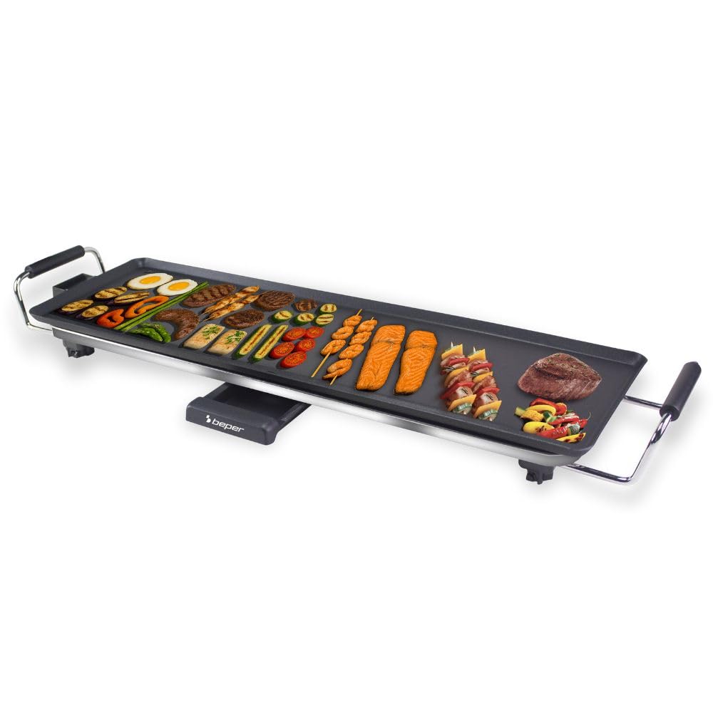 BEPER P101BBQ070 Elektryczny grill teppanyaki XL 70x23 cm, z powłoką nieprzywierającą, regulowanym termostatem, uchwytami termoizolacyjnymi, 2000 W, bez BPA i PFOS