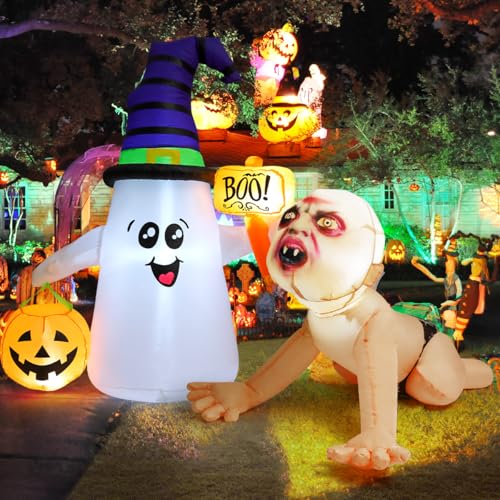 Image of GOOSH 5 FT Halloween Inflatables Ghost + 4 FT Zombie Baby, Outdoor Decorations Blow Up Yard Cute Wizard Ghost with Pumpkin with Built-in LEDs for Garden Lawn Indoor Party Holiday Decor