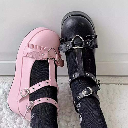 Image of Women's Platform Mary Janes Heart Cat Buckle Rivets Ankle Lolita Gothic Princess Platform Pumps Patent Leather Thorn Vintage Traditional Embroidery Upper Dress Shoes