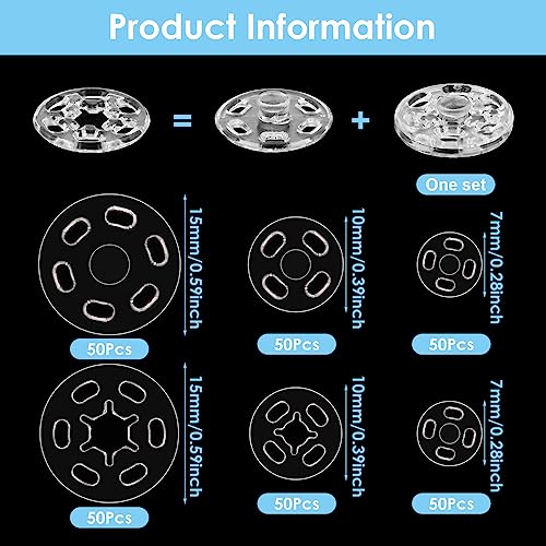 150 Sets Plastic Sew-On Snap Buttons Invisible Snap Fasteners Buttons Round Clear Press Button For Sewing Clothing Diy Craft, 7 Mm 10 Mm 15 Mm #TOP1