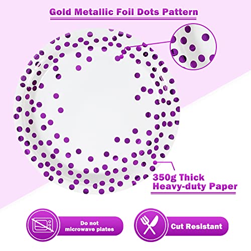 Cenlbj White And Purple Gold Paper Plates- 100 Pack- 50 X 9 Dinner Plates & 50 X 6.5 Napkins, Purple Dot Paper Plates And Napkins Party Supplies For Birthdays And All Occasions #TOP2
