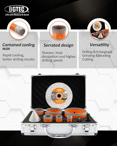 Image of BGTEC Diamond Hole Saw Kit - 11PCS 6 /6 /20 /25 /35 /50 /75 /100mm Drill Bits & 50mm Chamfering Bit & SDS /HEX & 115mm Tile Blade for Porcelain Tile Ceramic Granite Marble Stoneware