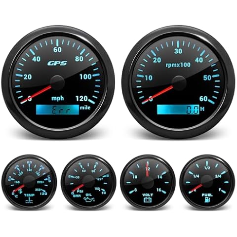 ARTILAURA 6 Gauge Set-GPS Speedometer 120MPH, Tachometer, Fuel Gauge, Water Temperature Gauge, Oil Pressure Gauge, Voltage 7 Color Backlight Boat Gauges Set for Marine AUTO (All Black) Cover