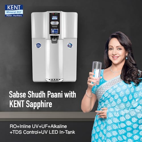 Image of KENT Sapphire RO Water Purifier|RO+UF+Inline UV+Alkaline+TDS Control+UV LED in Tank | Fully Automatic On & OFF Operation|.0001 Micron RO Membrane|20 LPH| 8L| Ideal For Borewell /Tanker /Municipal Water