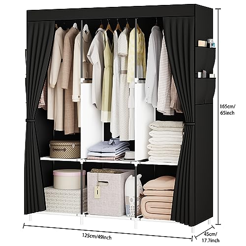 SMILOVII Canvas Wardrobe, Portable wardrobe, Clothes Storage Organiser with Shelves and 3 Hanging Rail, Stylish Clothing Wardrobe with Canvas wardrobes for bedroom - Black - Image 5