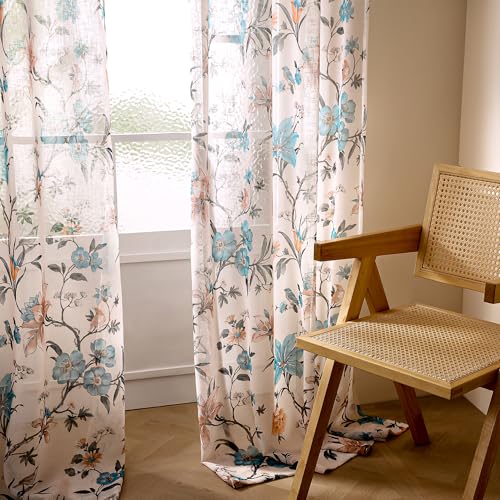 Image of Story@Home Long Door Curtains 9 Feet Long Set of 2 | Floral Print | Semi Transparent Curtain | Net Curtains | Sheer Curtain for Living Room | (118 x 275 cm, Cream & Blue) | Perfect for Home Decor