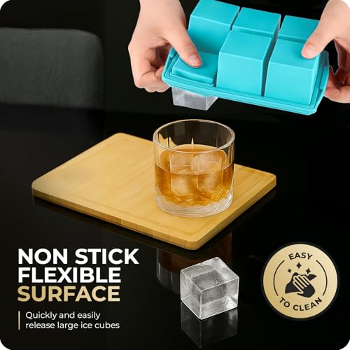 Image of Large Ice Cube Trays for Whiskey, Silicone Ice Cube Tray, with Reinforced Steel Ring Top, Makes 12 perfect 2-in ice cubes, Square Ice Tray for Cocktails, Whiskey, Coffee. (2 Pack)